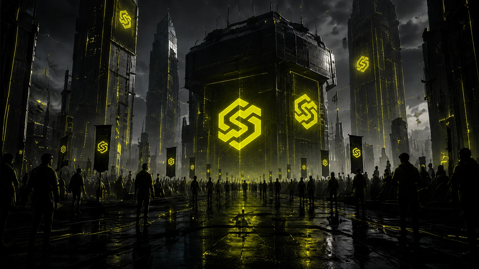Syncrew community gathered in a futuristic city
